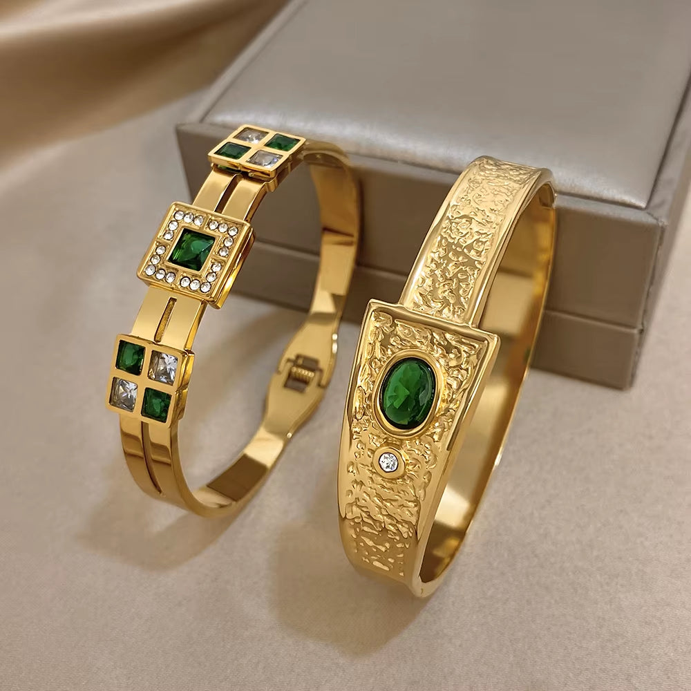 Oval Green Rhinestone Inlaid Spliced Bracelets for Women Men Light Luxury Exaggerate Temperament Stainless Steel Cuff Bangles