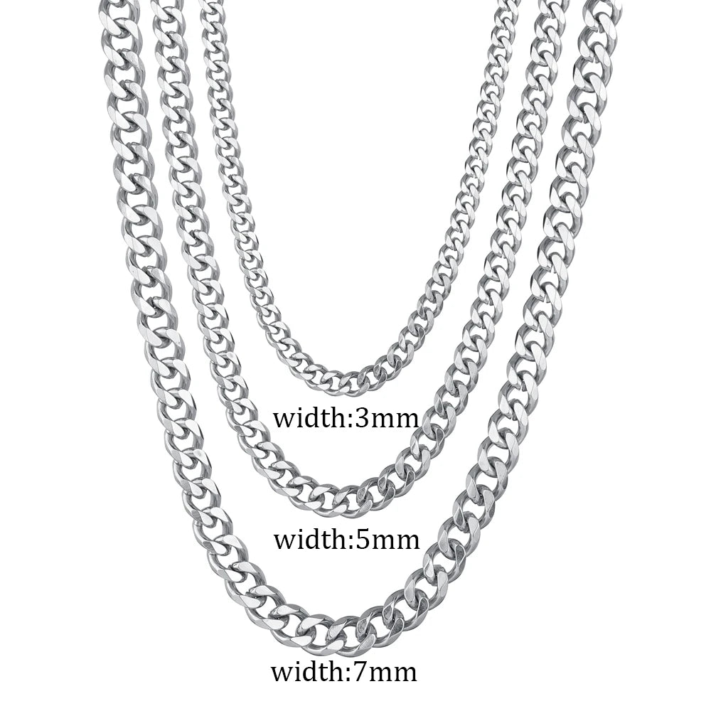 3/5/7Mm Stainless Steel Cuban Link Chain Classic Punk Personality Jewelry Simple Fashion Hip-Hop Couple Necklace for Men Women