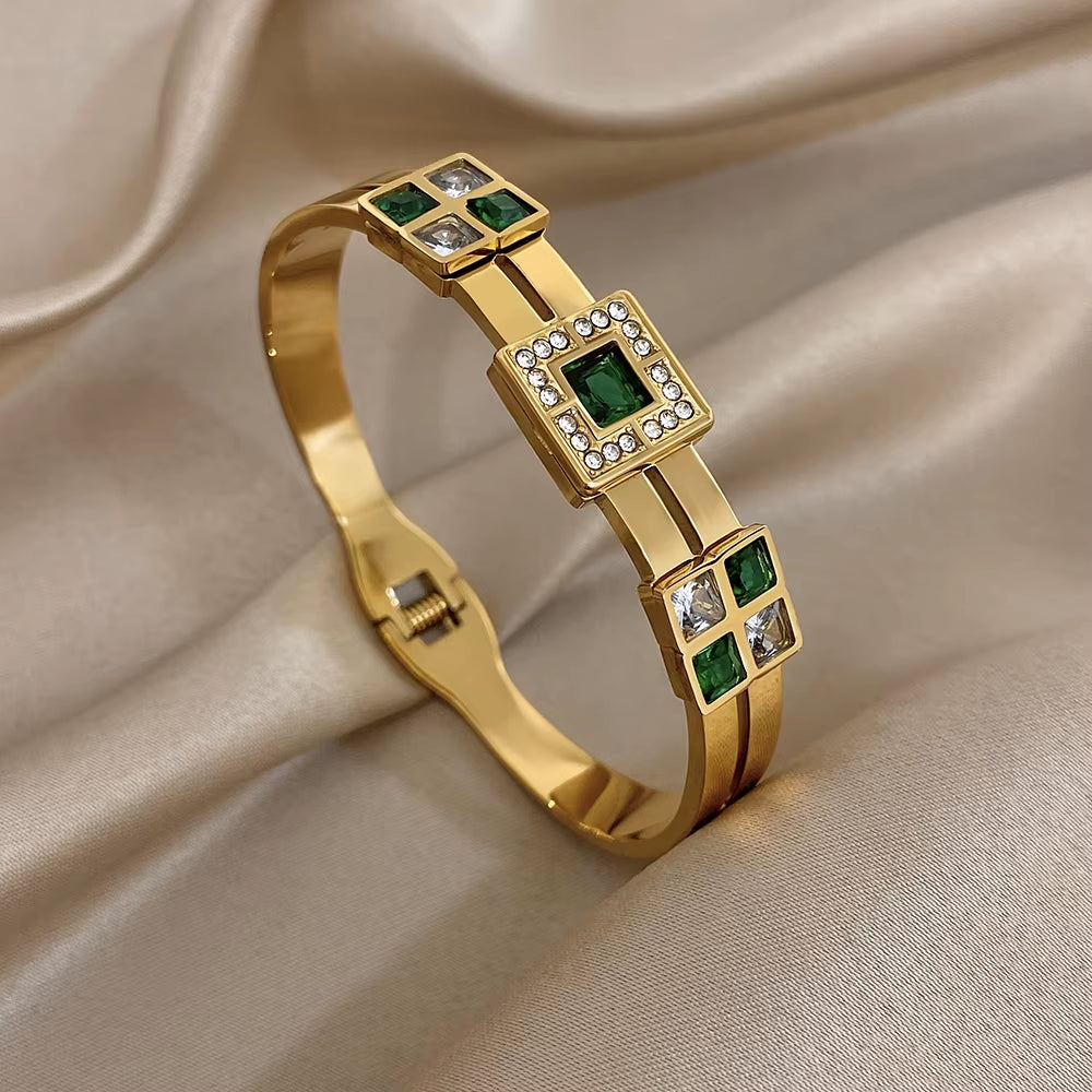 Oval Green Rhinestone Inlaid Spliced Bracelets for Women Men Light Luxury Exaggerate Temperament Stainless Steel Cuff Bangles