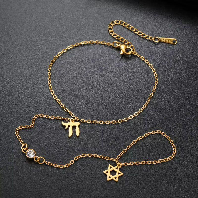 Jewish Star of David Hebrew Letter Chai Finger Bracelet Stainless Steel Adjustable Hexagram Zircon Bracelets Amulet Jewelry