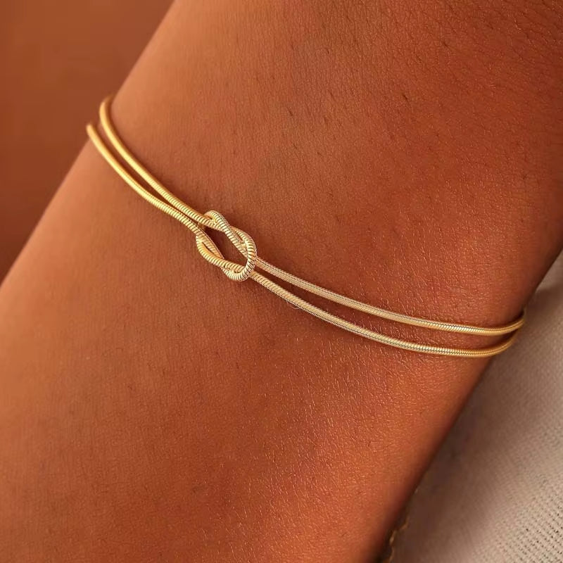 Stainless Steel Snake Chain Handmade Knot Shaped Bracelet for Women Simple Gold Color Chain Bracelet Jewelry Valentine'S Day