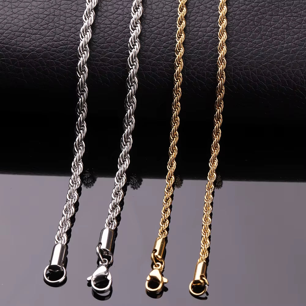 Men Rope Chain Necklace 316L Stainless Steel Twisted Rope Link Chain for Jewelry Gift for Him Gold Silver Color