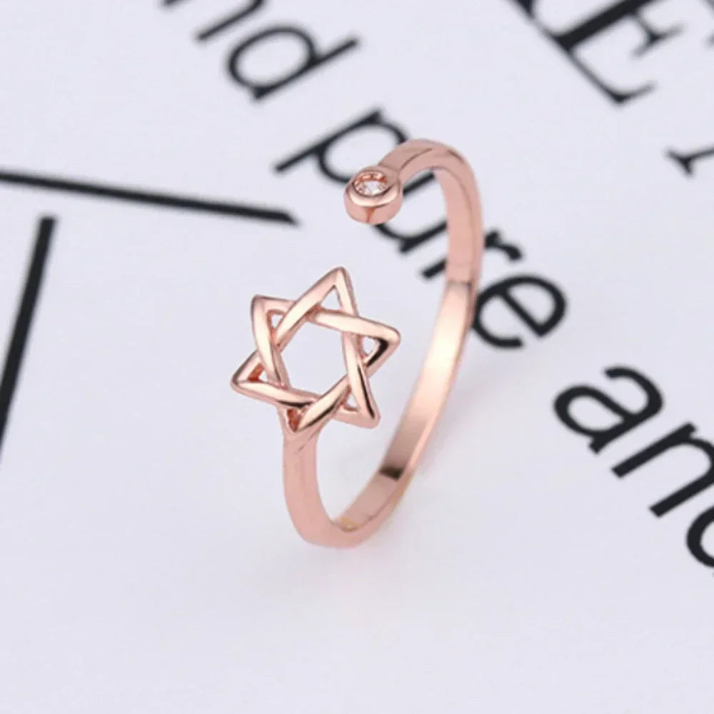 Hollow Hexagon Zircon Jewish Ring for Women Magen Star of David Adjustable Rings Promise Jewelry Gift