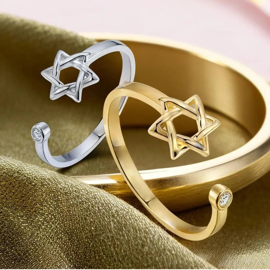 Hollow Hexagon Zircon Jewish Ring for Women Magen Star of David Adjustable Rings Promise Jewelry Gift