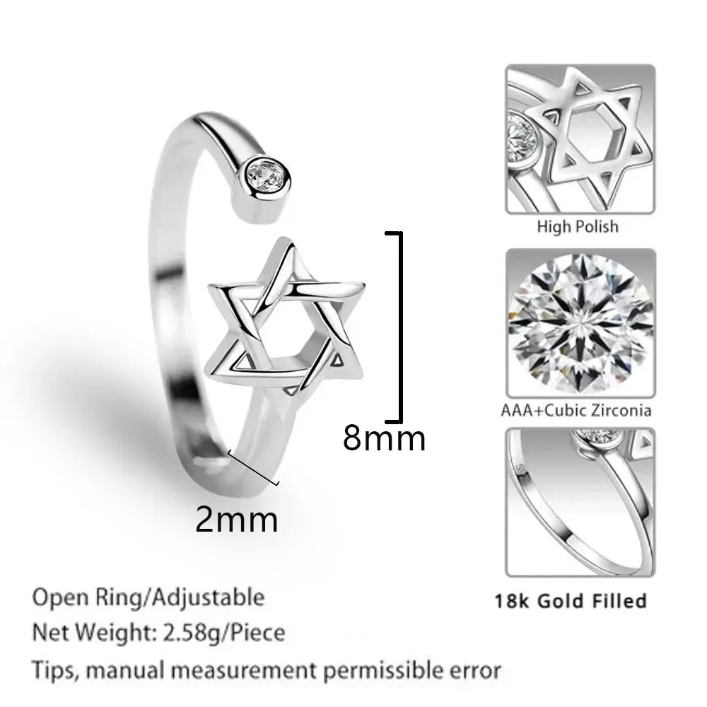 Hollow Hexagon Zircon Jewish Ring for Women Magen Star of David Adjustable Rings Promise Jewelry Gift