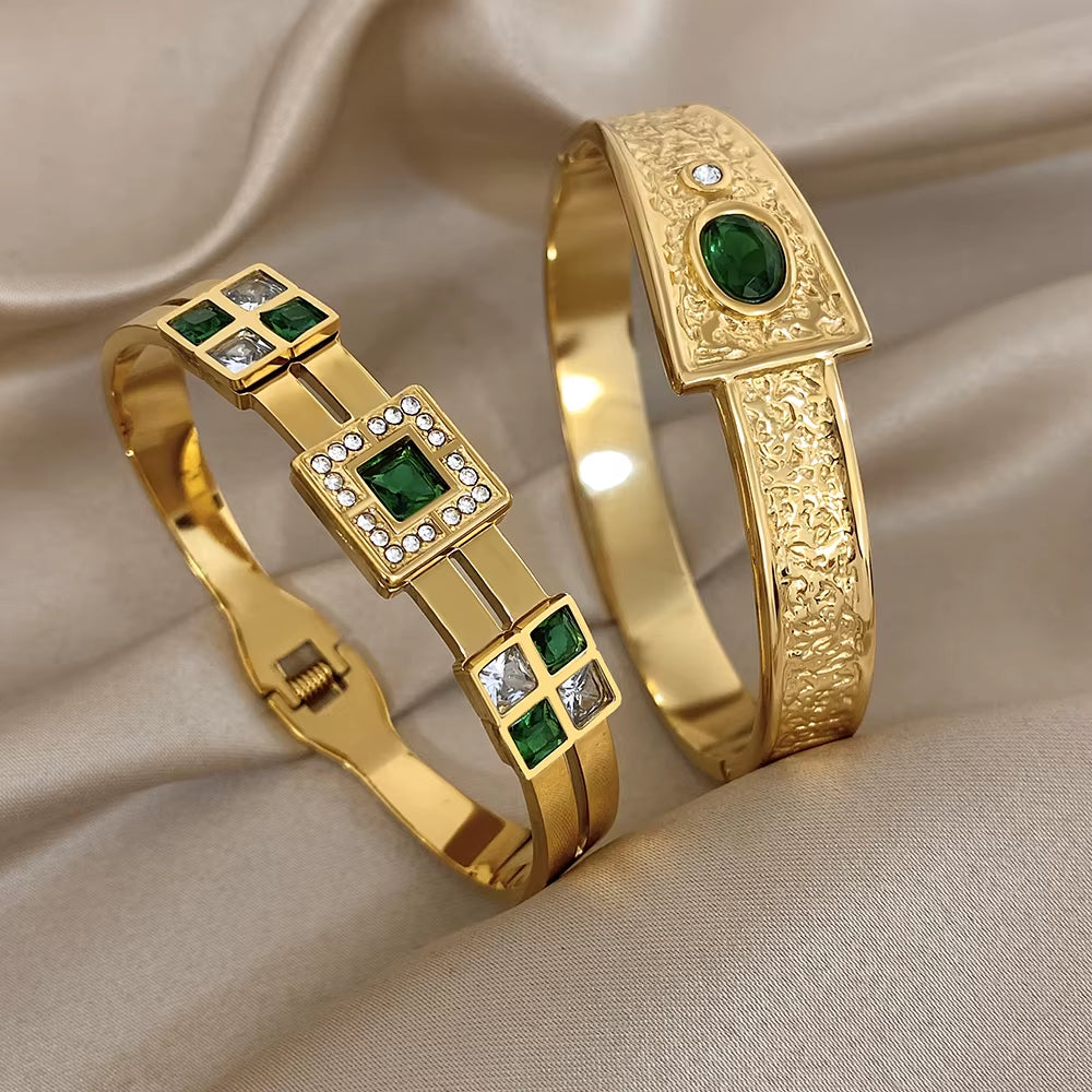 Oval Green Rhinestone Inlaid Spliced Bracelets for Women Men Light Luxury Exaggerate Temperament Stainless Steel Cuff Bangles