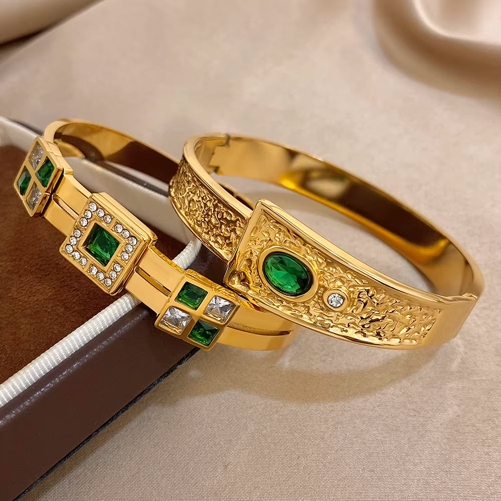 Oval Green Rhinestone Inlaid Spliced Bracelets for Women Men Light Luxury Exaggerate Temperament Stainless Steel Cuff Bangles