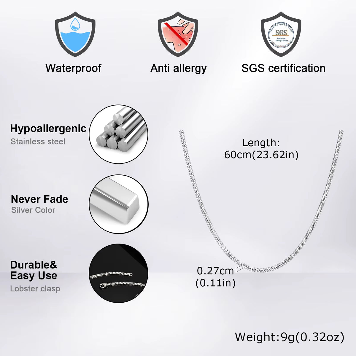 Thin Chain Link Necklace for Men Boys,45/60/70Cm Never Fade Stainless Steel Collars,Casual Jewelry Gifts