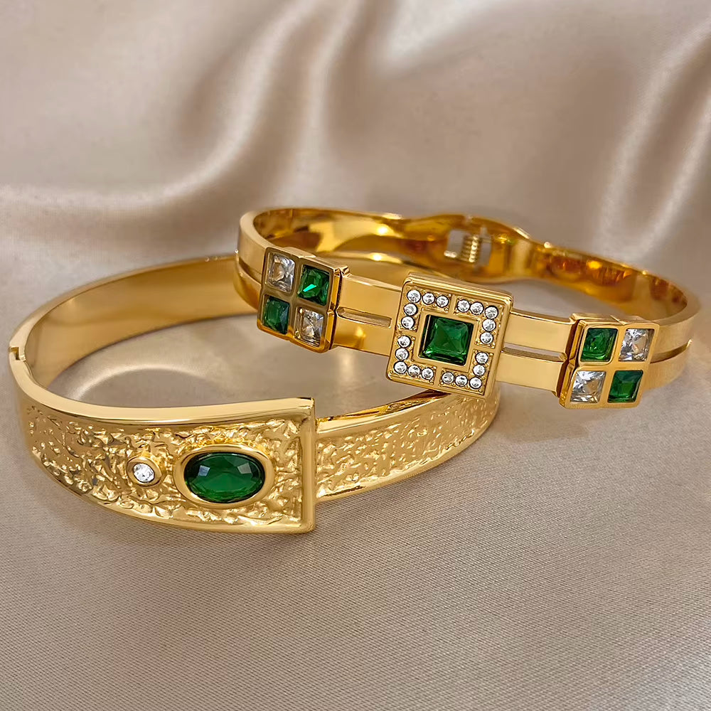 Oval Green Rhinestone Inlaid Spliced Bracelets for Women Men Light Luxury Exaggerate Temperament Stainless Steel Cuff Bangles