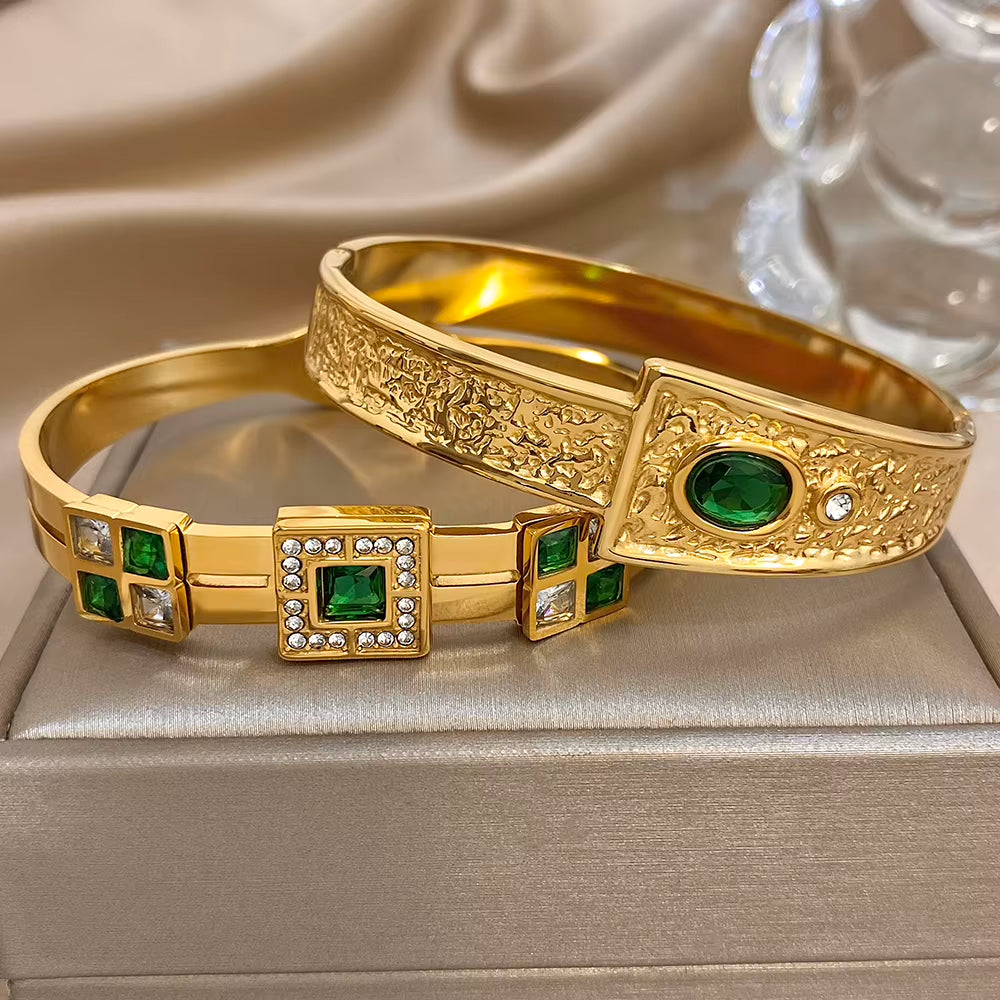 Oval Green Rhinestone Inlaid Spliced Bracelets for Women Men Light Luxury Exaggerate Temperament Stainless Steel Cuff Bangles