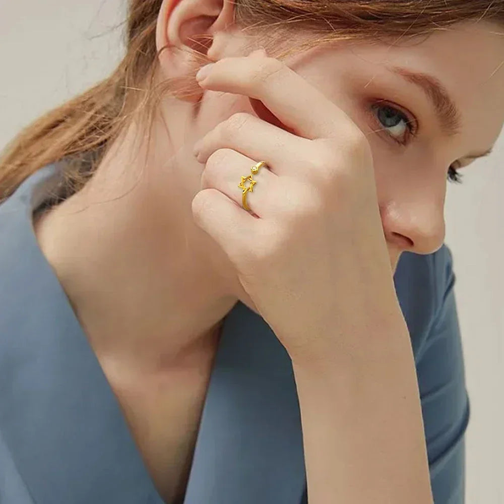 Hollow Hexagon Zircon Jewish Ring for Women Magen Star of David Adjustable Rings Promise Jewelry Gift