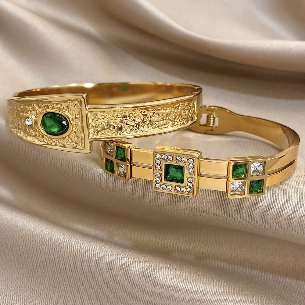 Oval Green Rhinestone Inlaid Spliced Bracelets for Women Men Light Luxury Exaggerate Temperament Stainless Steel Cuff Bangles