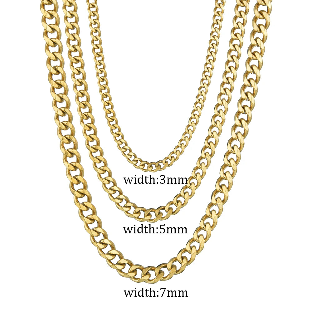 3/5/7Mm Stainless Steel Cuban Link Chain Classic Punk Personality Jewelry Simple Fashion Hip-Hop Couple Necklace for Men Women