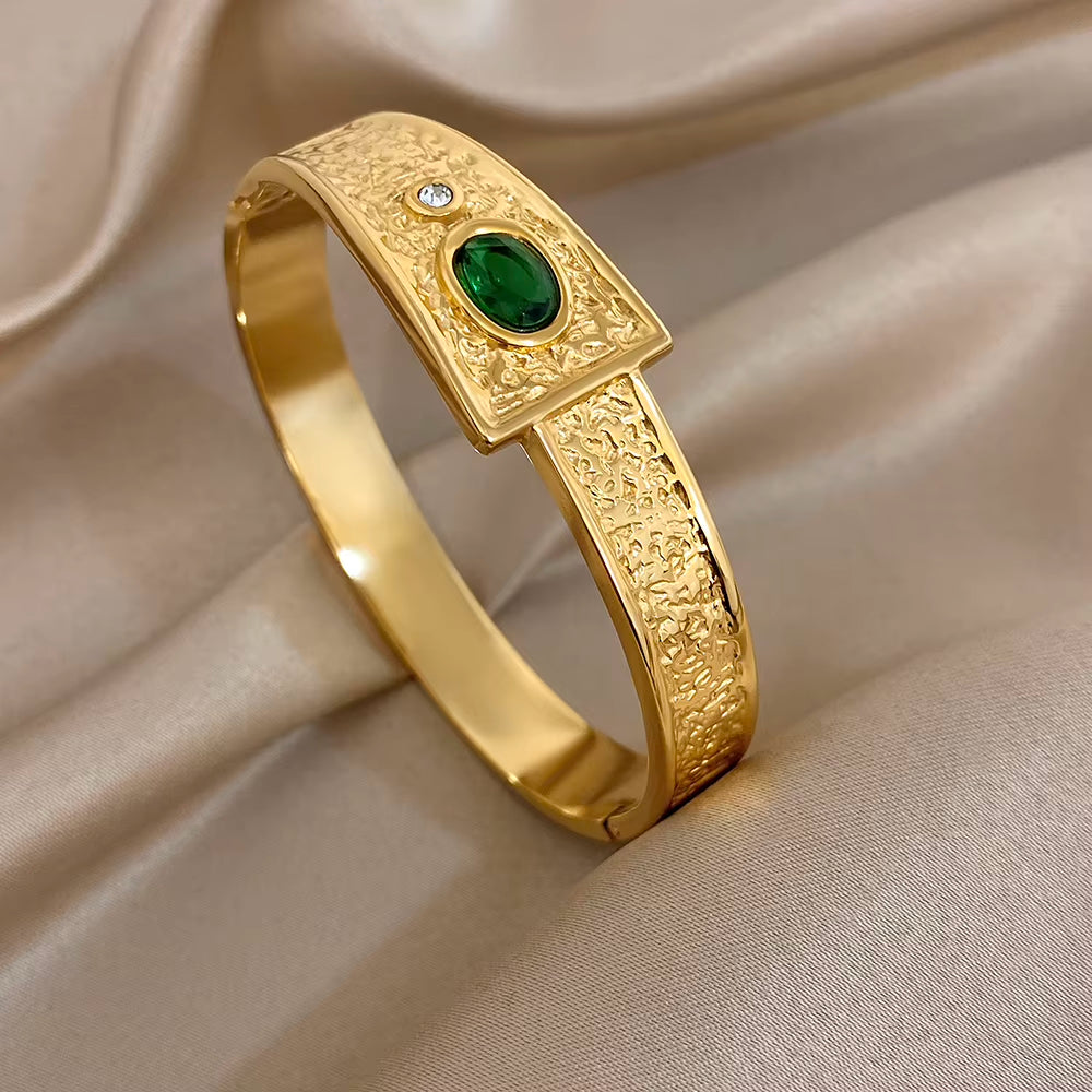 Oval Green Rhinestone Inlaid Spliced Bracelets for Women Men Light Luxury Exaggerate Temperament Stainless Steel Cuff Bangles